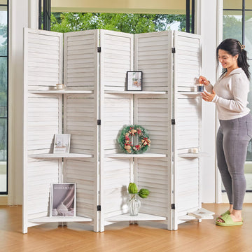 Partition Room Dividers, Folding Wood Privacy Screen with Three Display Shelves Suitable, Study, Art Display - 5
