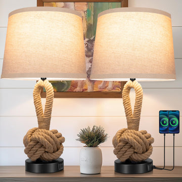 22" Rope Lamps for Night Stands, Bedside Lamps Set of 2, Boho Table Lamps End Tables, 3-Color Temperatures Boho Lamp