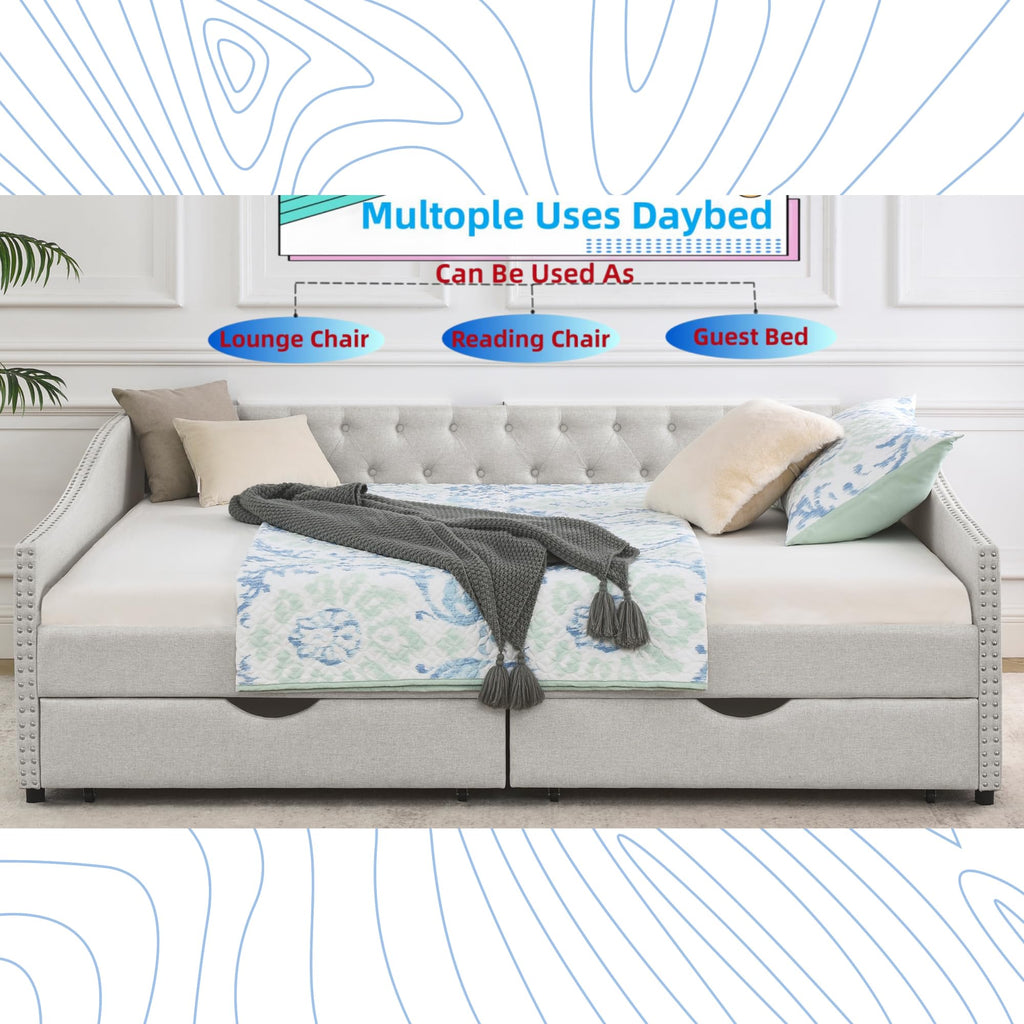 Linuque Upholstered Queen Size Daybed with 2 Storage Drawers, Solid Wood Sofa Bed Frame with Button Tufted Backrest