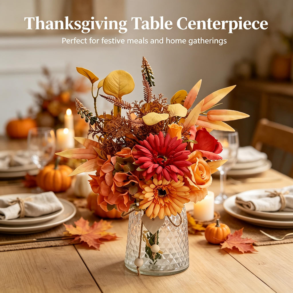 Fall Artificial Flower Set, Autumn Mixed Silk Gerbera Rose Hydrangea Bouquet