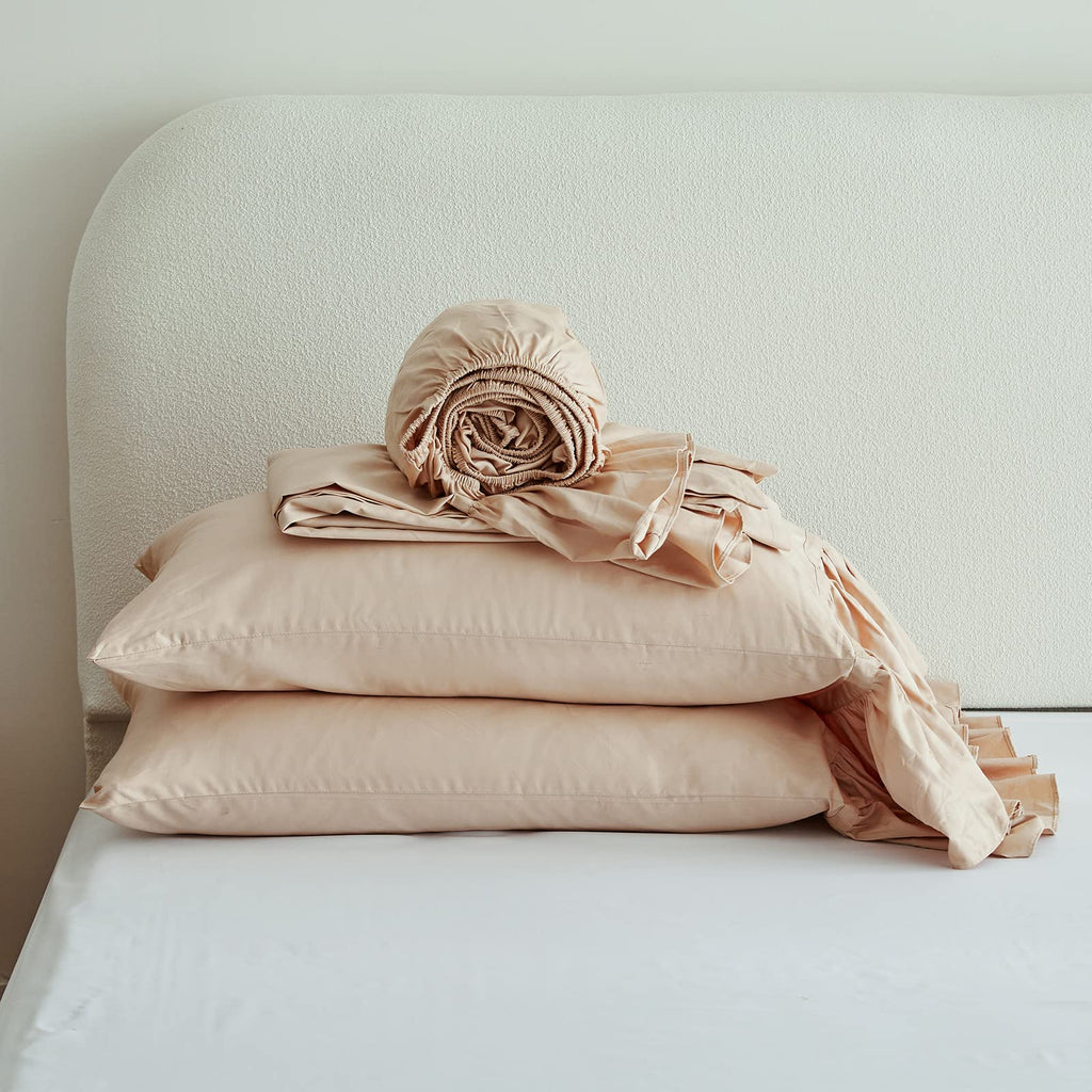 100% Organic Cotton Sheet Set, Long Ruffle Bed Sheets (1 Flat Sheet, 1 Fitted Sheet and 2 Pillowcases) Elegant Shabby