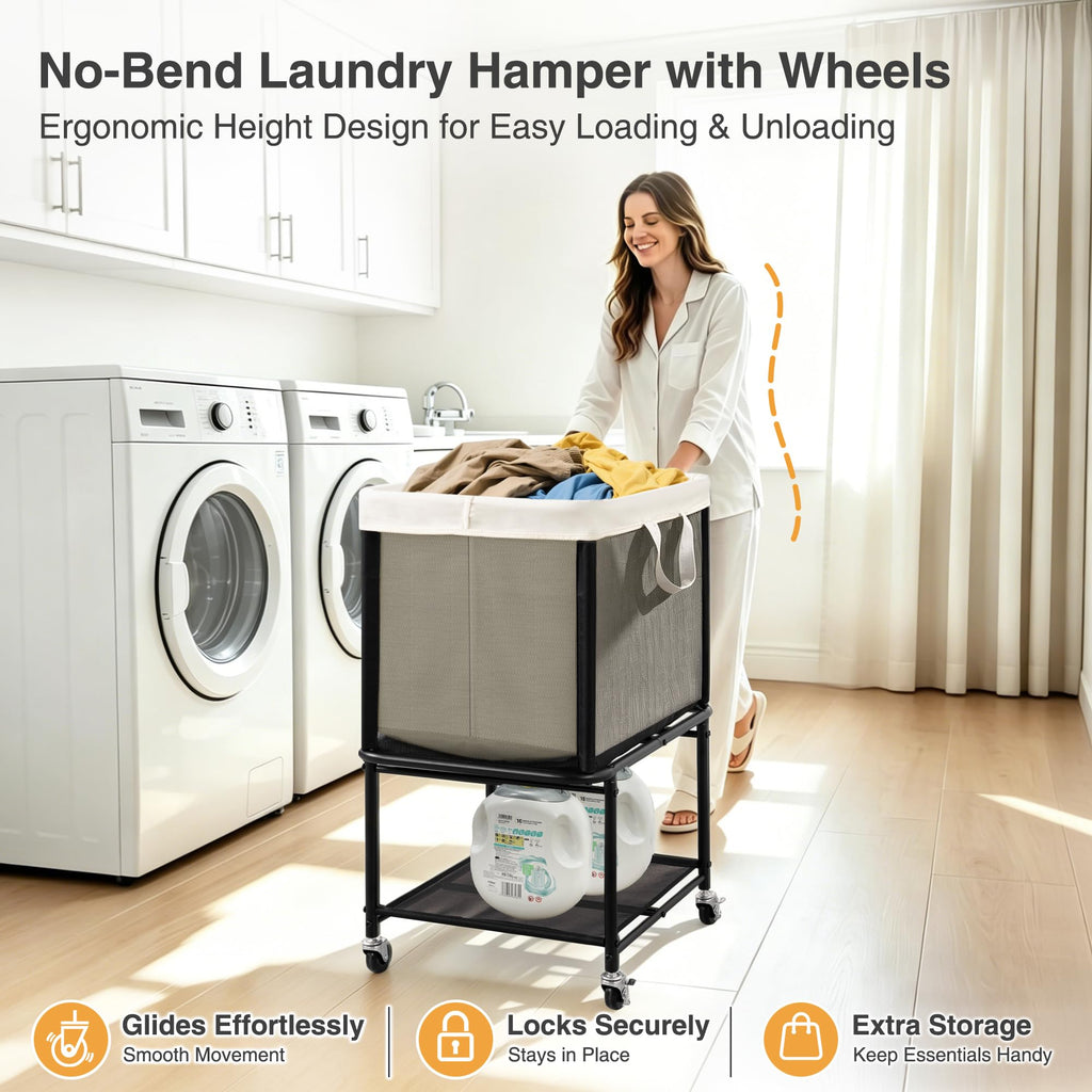 Rolling Laundry Hamper with Lockable Wheels, 29-Gallon (110L) Laundry Cart with Removable Canvas Bag, 2-Tier Clothes