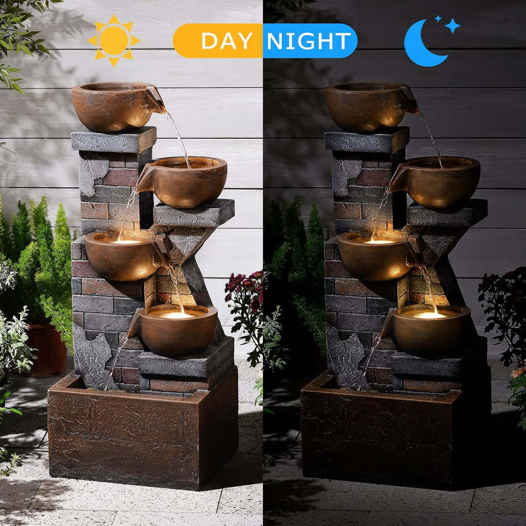 33.5" Tall Outdoor Water Fountain,4 Tiered Cascading Bowl Outdoor Freestanding Fountains with Light