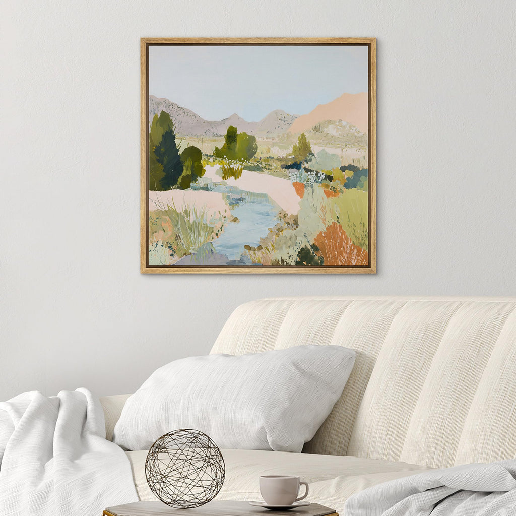 Framed Canvas Print Wall Art Modern Impressionist Countryside Stream Illustrations Fine Art Country Minimal - 24"x24"