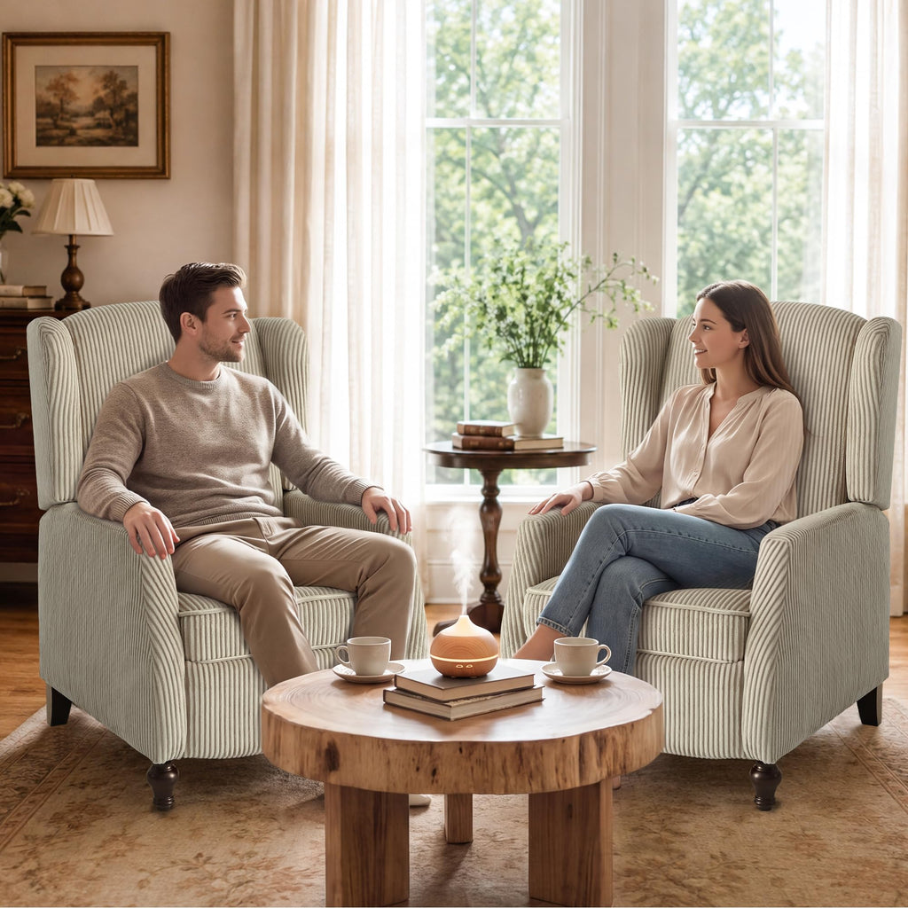 Mid-Century Modern Wingback Push Back Recliner Chair, Khaki 2PCS