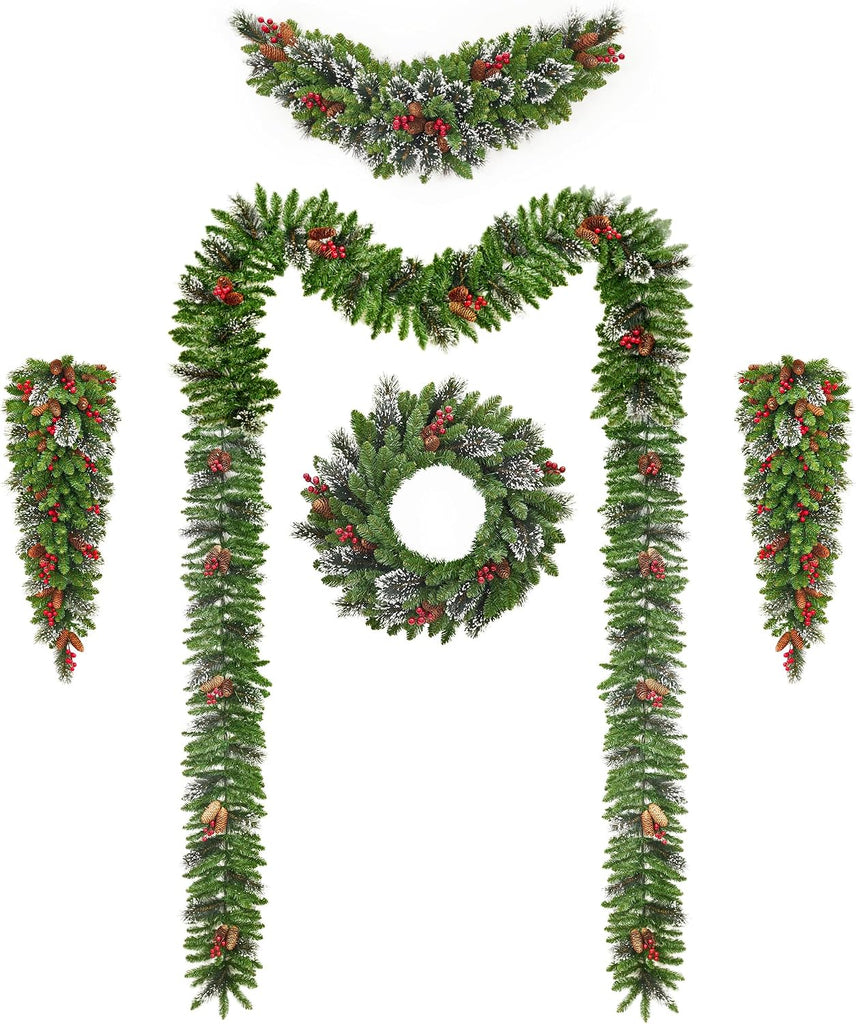 Pre-Lit LED Artificial Christmas Garlands Set of 6-2 Pcs Long Garlands, 2 Pcs Teardrop Decorations, 1 Round Wreath &