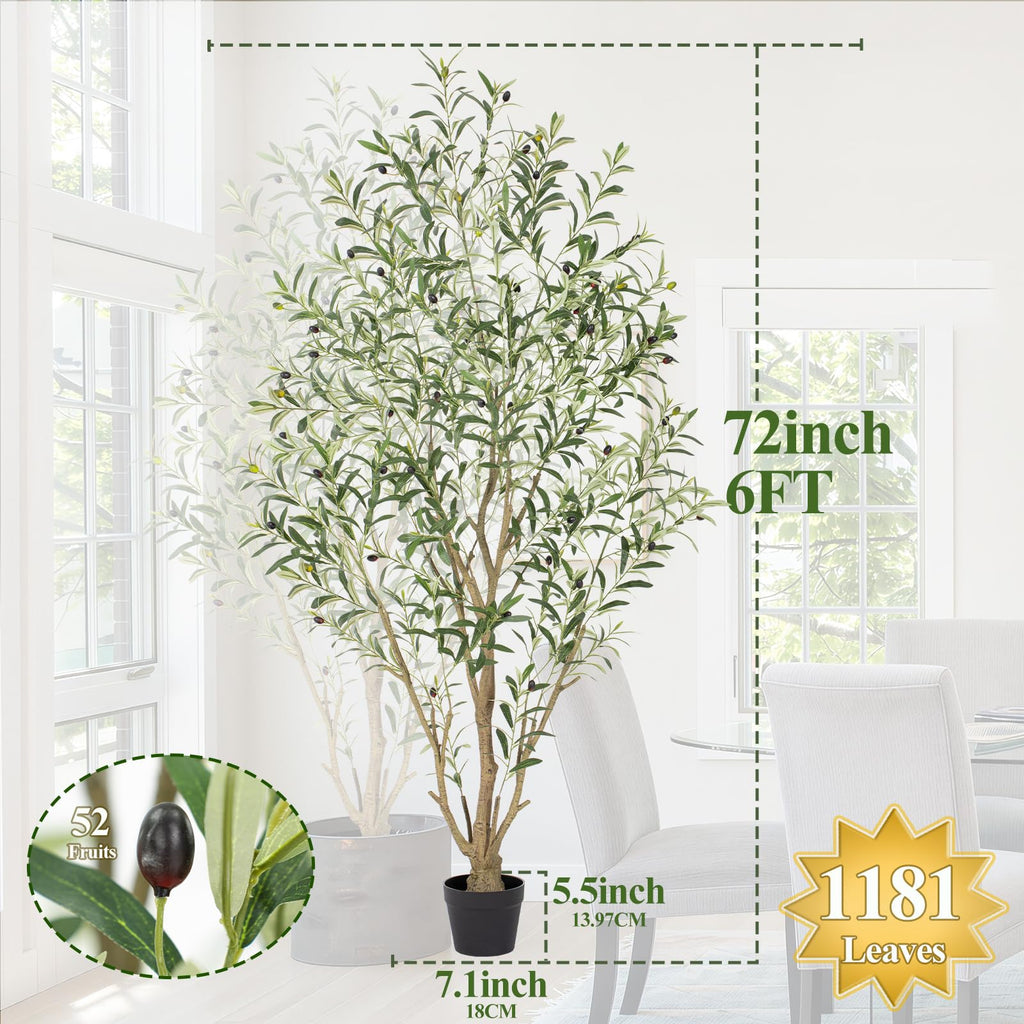 6ft Olive Trees Artificial Indoor, Tall Faux Olive Tree with Realistic Leaves and Lifelike Olives Fruits, Large Fake