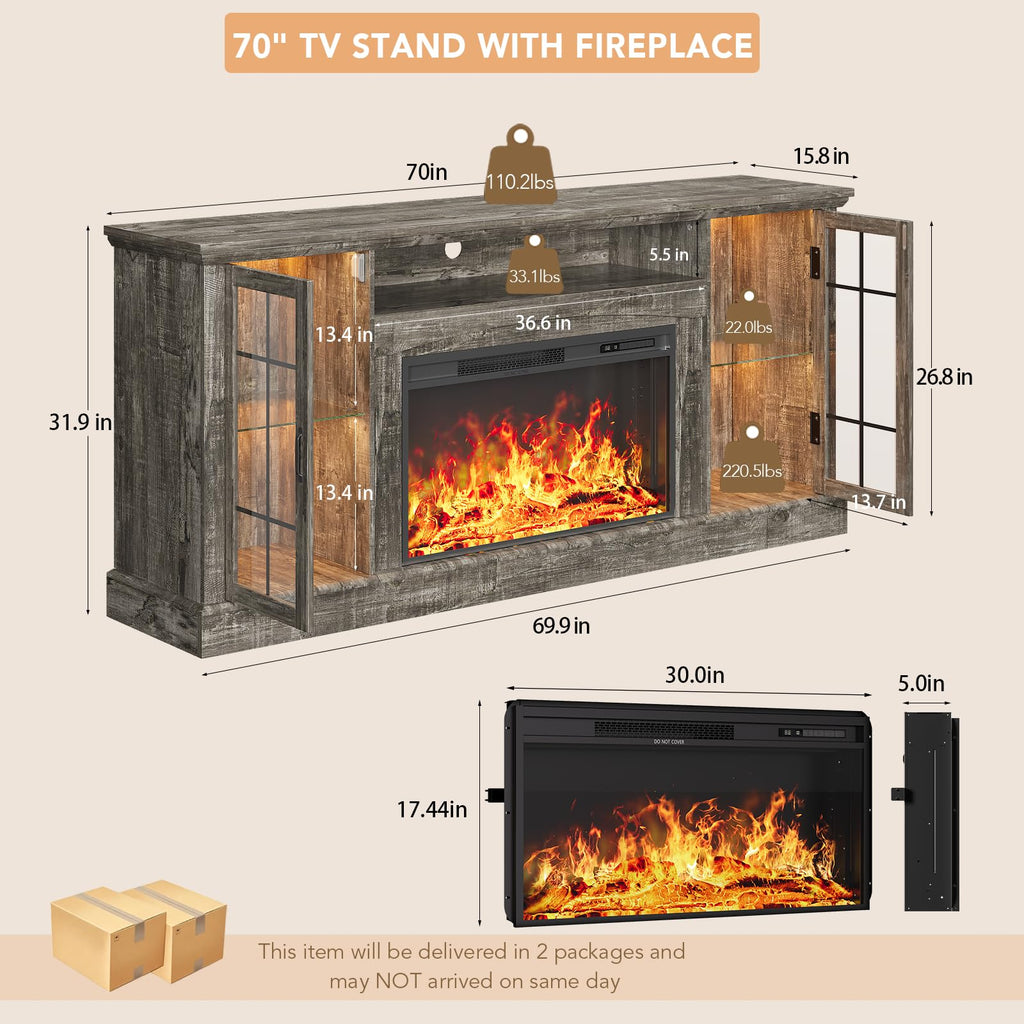 2-in-1 Multifunctional Fireplace TV Stand with 30" Removable Electric Fireplace, 70" Farmhouse Entertainment Center