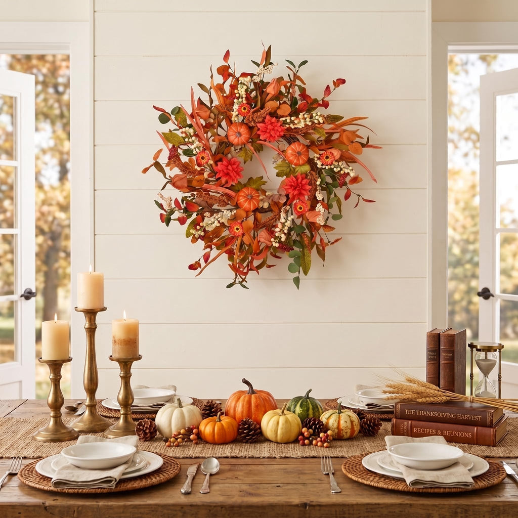 24 Inch Pumpkin Fall Wreath for Front Door with Berry & Mixed Leaves
