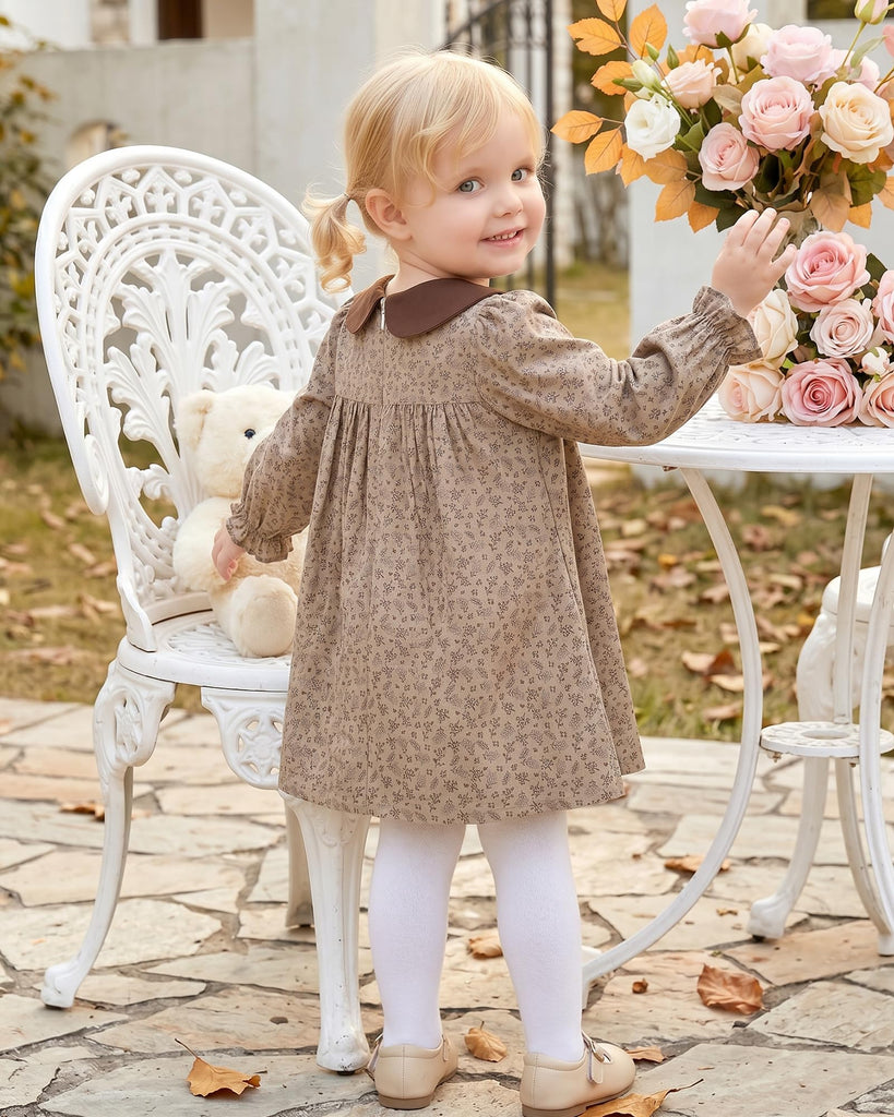 Toddler Girls Clothes Fall Winter Khaki Brown Floral Dress