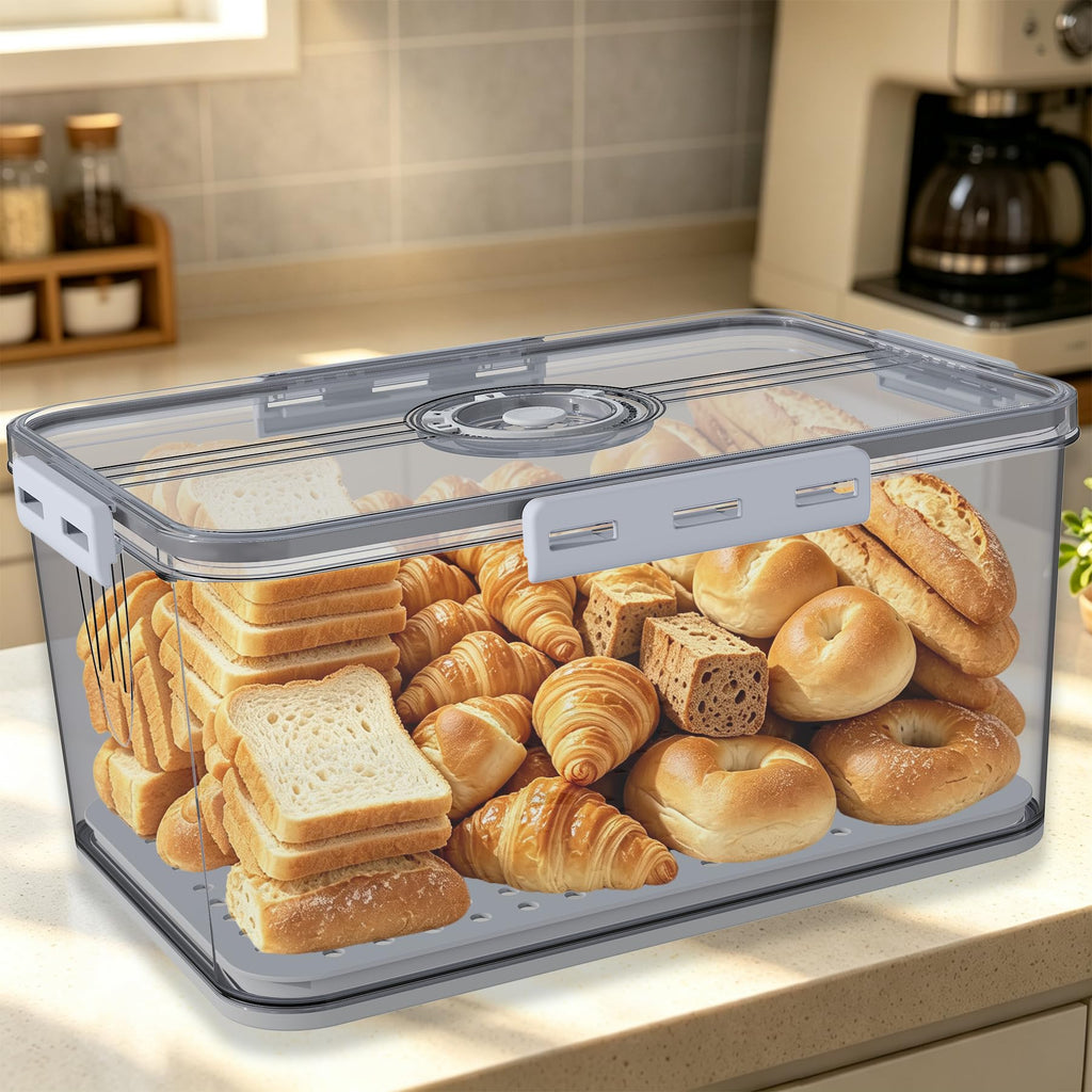 Large with Lid,Time Recording Airtight Bread Container Grey