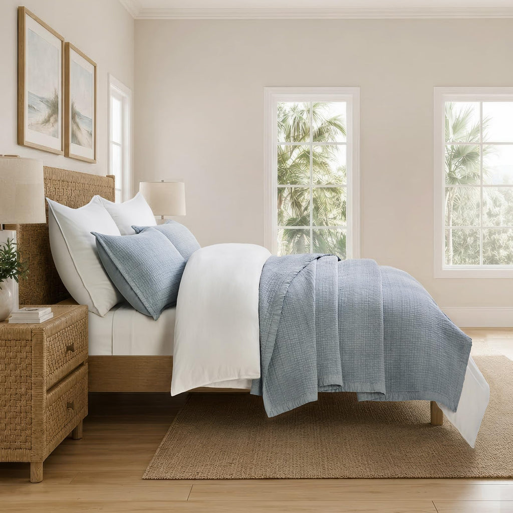 Stonewashed Textured Cotton Quilt Set, Blue Linen