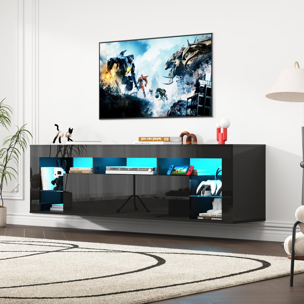 63" Floating High Gloss LED for 75" TVs, Wall-Mounted Entertainment Center, Modern Media Console with Open Adjustable