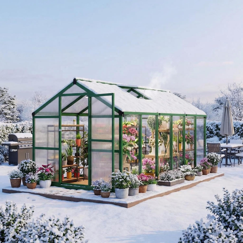8x12ft Walk-in Greenhouse, Heavy Duty Large Outdoor Green House | Polycarbonate Garden Greenhouse with Roof Vent