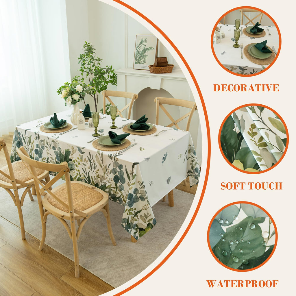 Summer Spring Tablecloth - Waterproof, Stain Resistant, Eucalyptus Floral Design for Dining, Kitchen, Outdoor