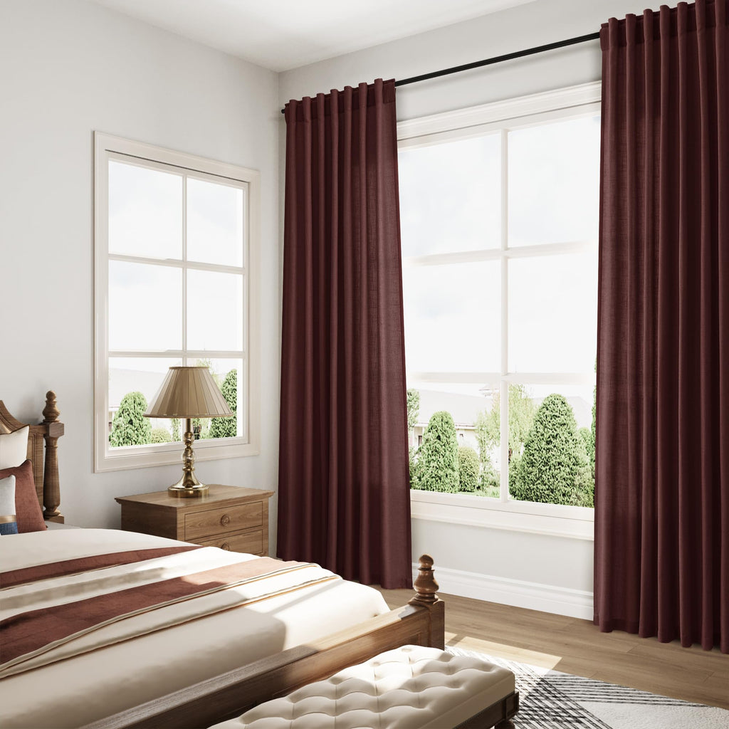 Extra Long Curtain Reddish Brown Morden Linen Blend Light Filtering Back Tab Curtains for Long Winodws 120 Inches
