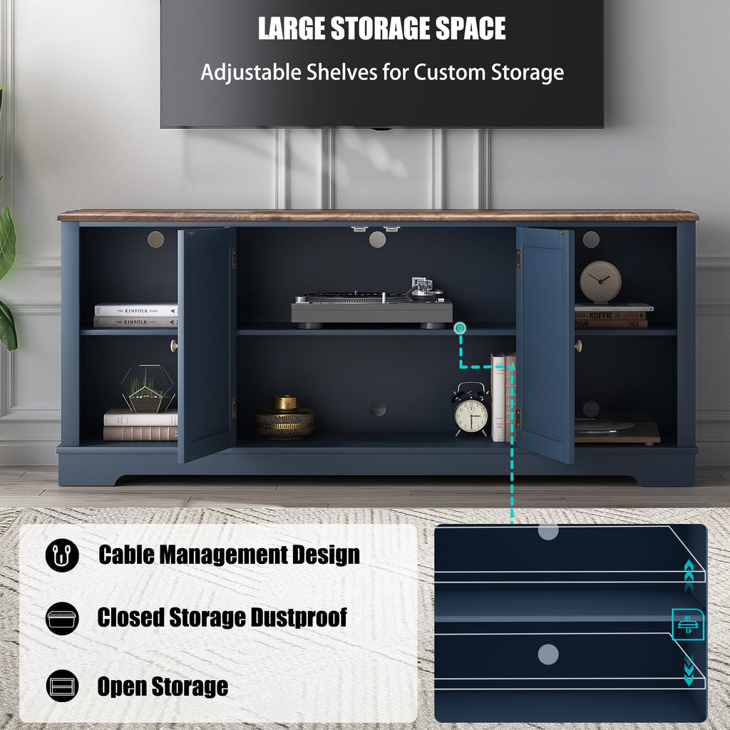 70 Inch Navy TV Stand, Farmhouse Rustic Media Console with Storage