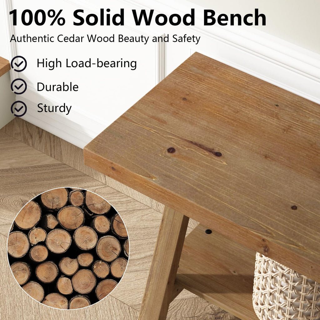 54" Solid Wood Bench, Long Entryway Bench with Shoe Storage