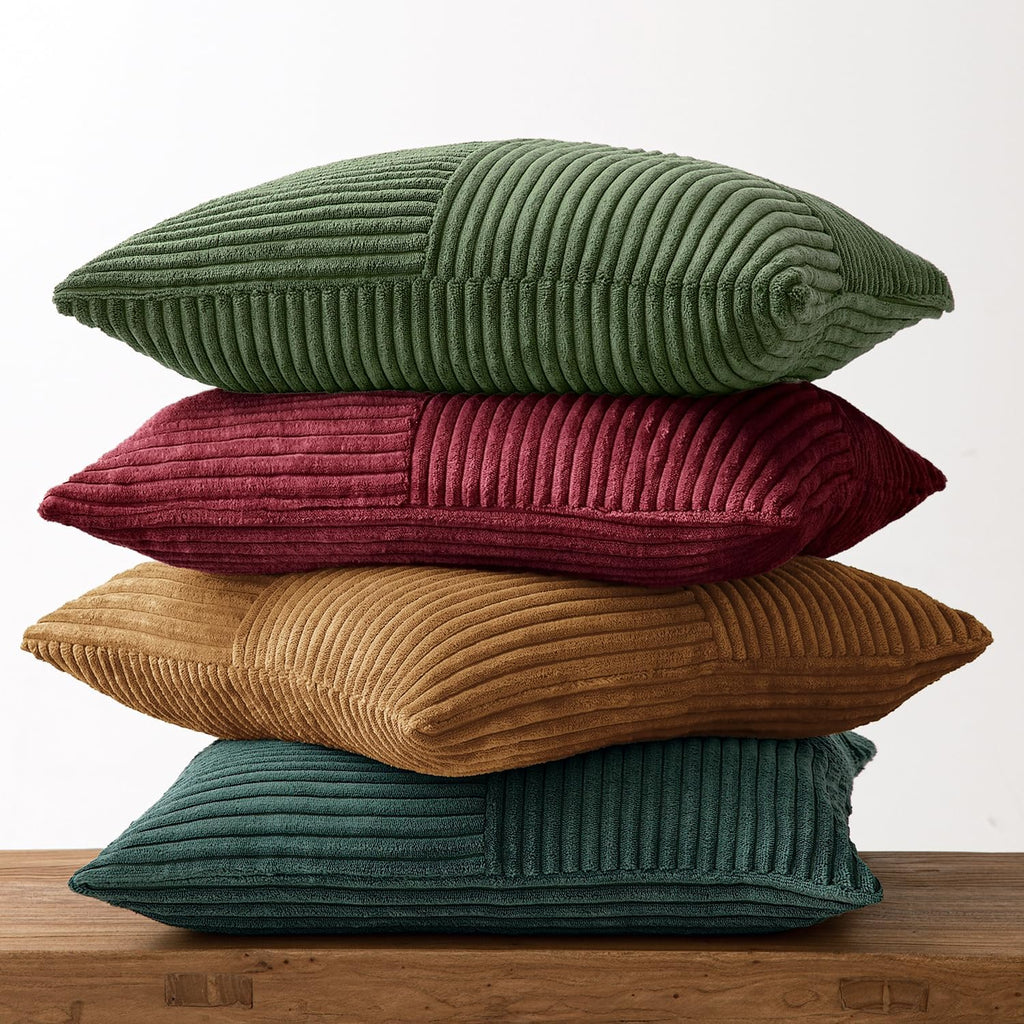 Boho Christmas Green Decorative Throw Pillow Covers 20x20 Farmhouse Cushion Covers Color-Clash Corduroy - Set of 4