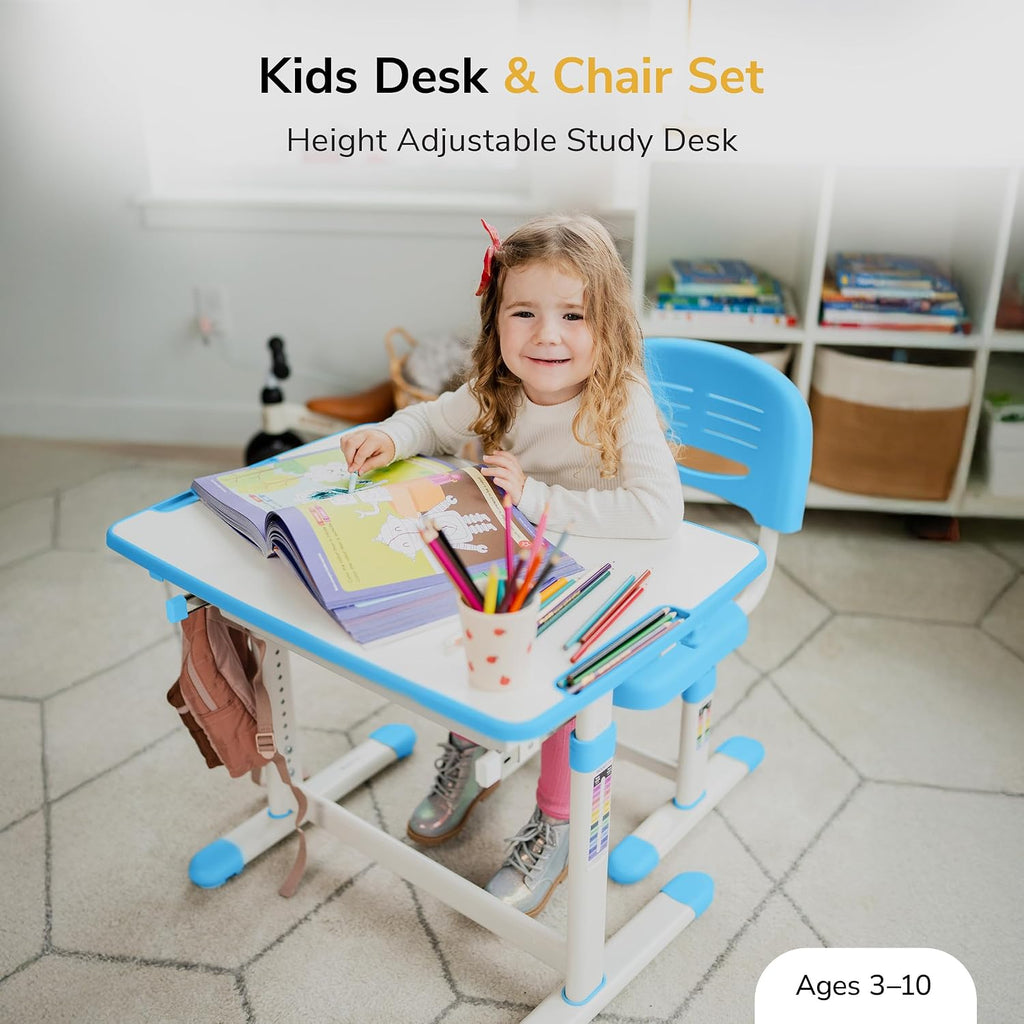 Kids Desk and Chair Set, Height Adjustable Sturdy, Kid Study Workstation and Chair Set for Boys, Home School, Arts