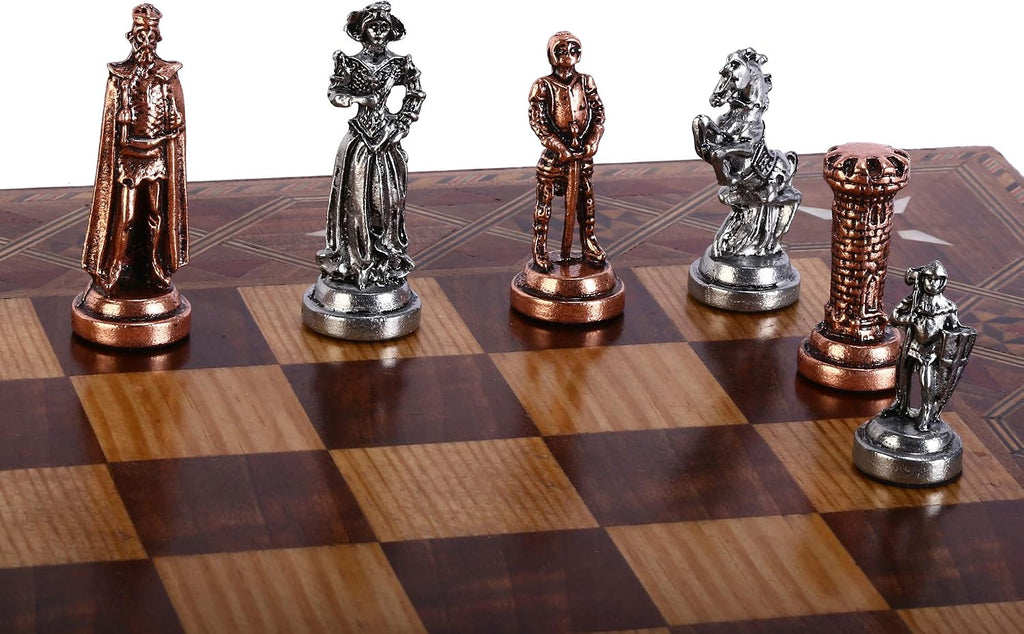 Medieval British Army Antique Copper Metal Chess Set for Adults, Handmade Pieces and Mosaic Design Wooden Chess Board - Set of 32