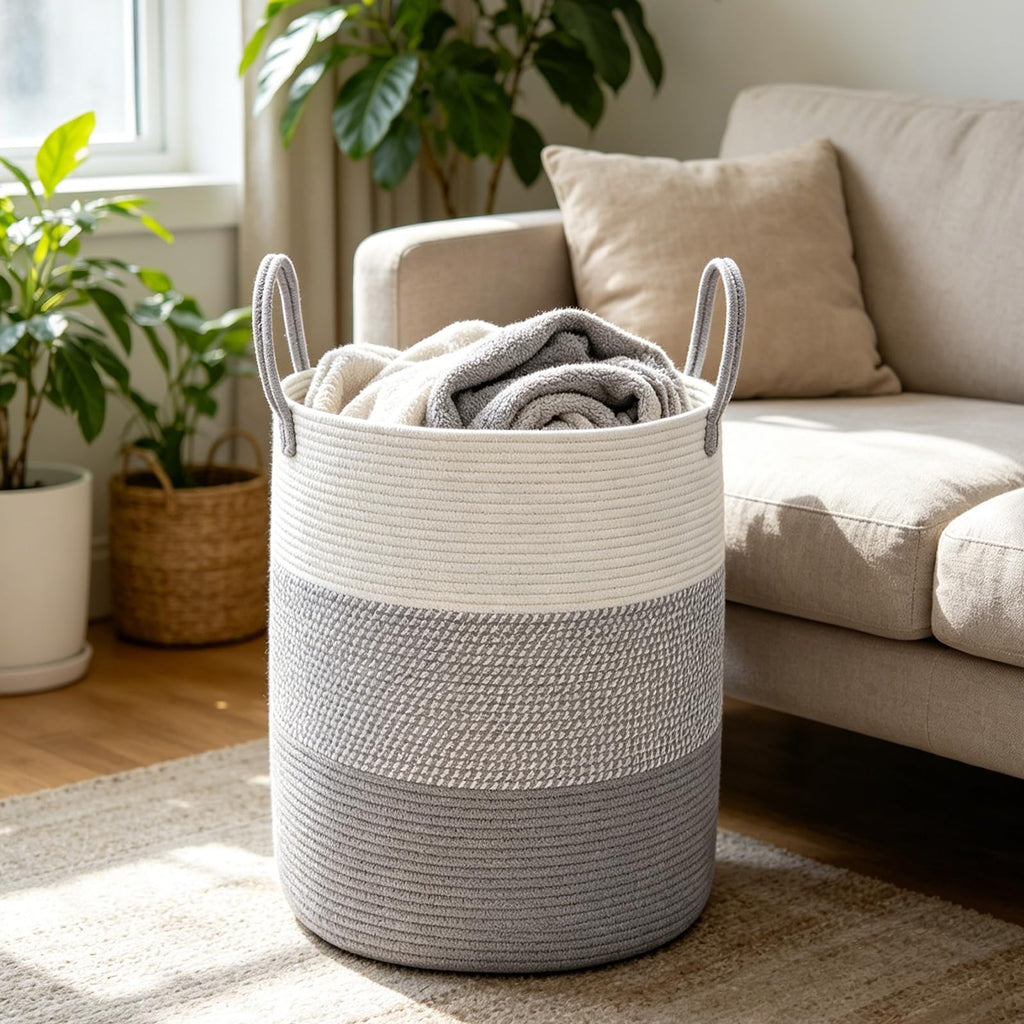 Large Laundry Hamper, Woven Rope Basket - Grey