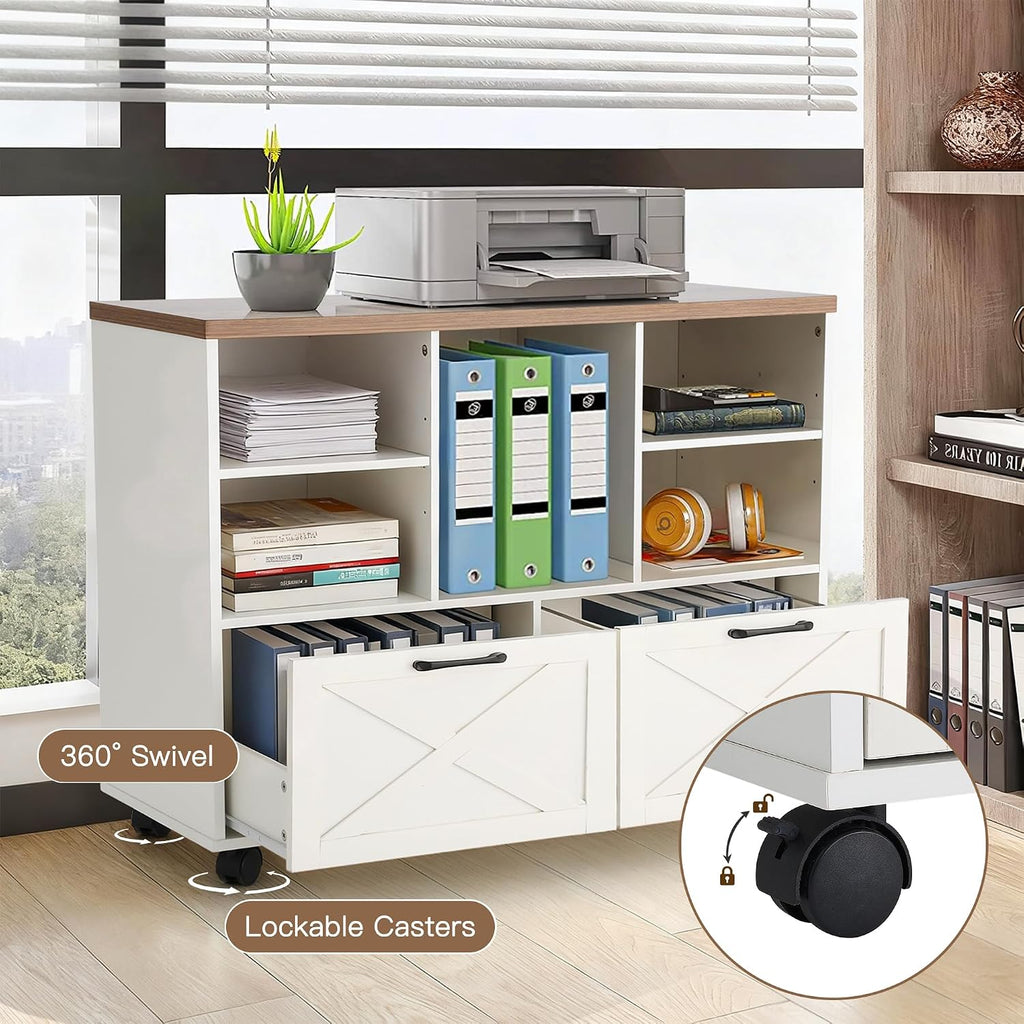 39.3" Lateral File Cabinet with Wheels, Farmhouse Wood File Cabinet with Drawers, Small Home Office File Cabinet with