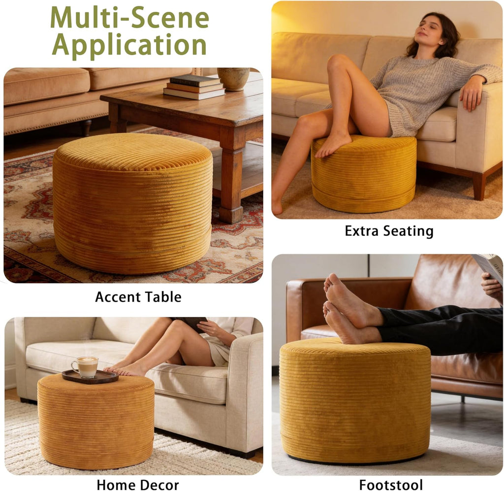 Round Ottoman Pouf, Plush Corduroy Foot Stool with High-Density Memory Foam, 3-in-1 Footrest Extra Seating Side Table