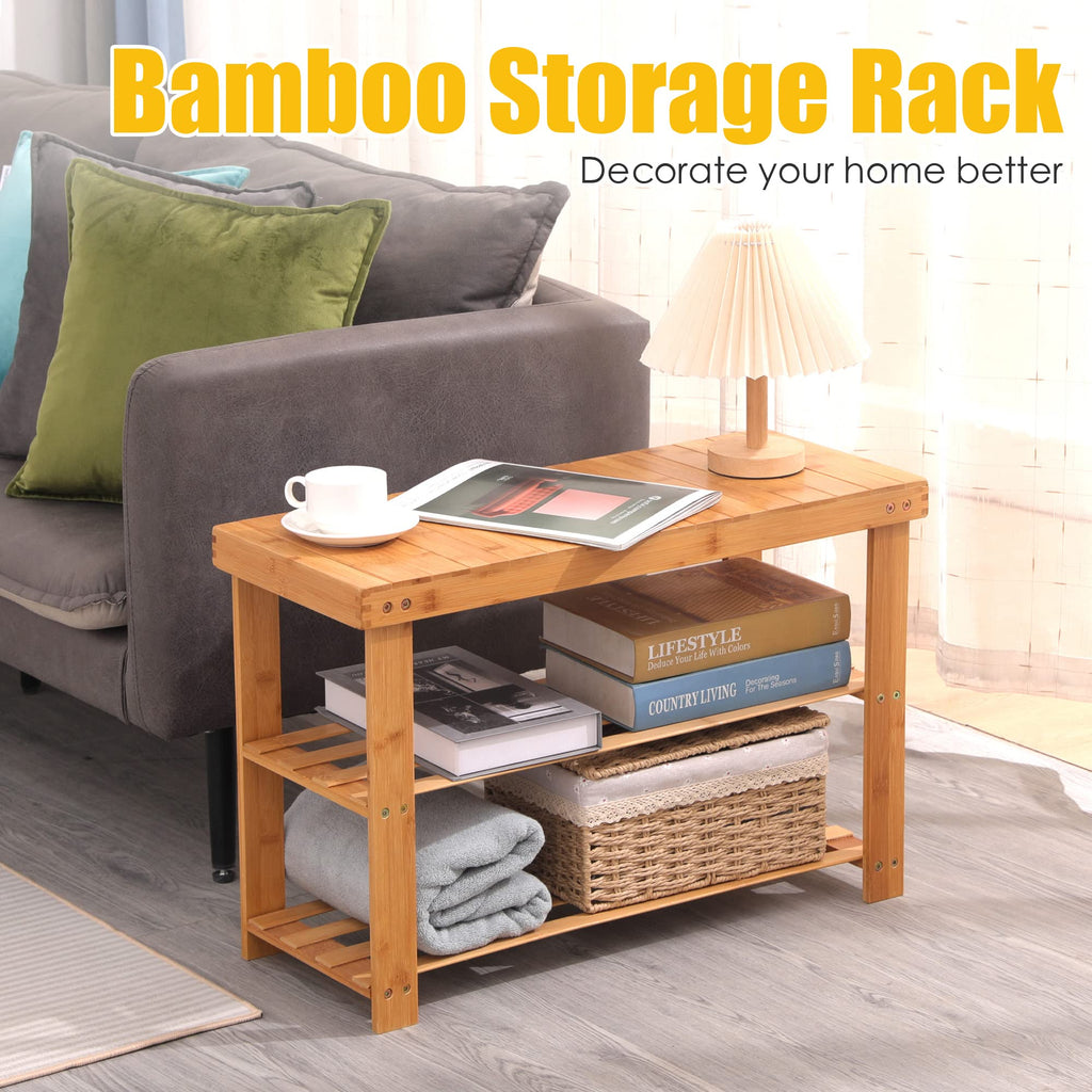 Shoe Rack Bench, 3-Tier Bamboo Shoe Organizer, Storage Shoe Shelf, Entryway Bench, Holds up to 300lbs