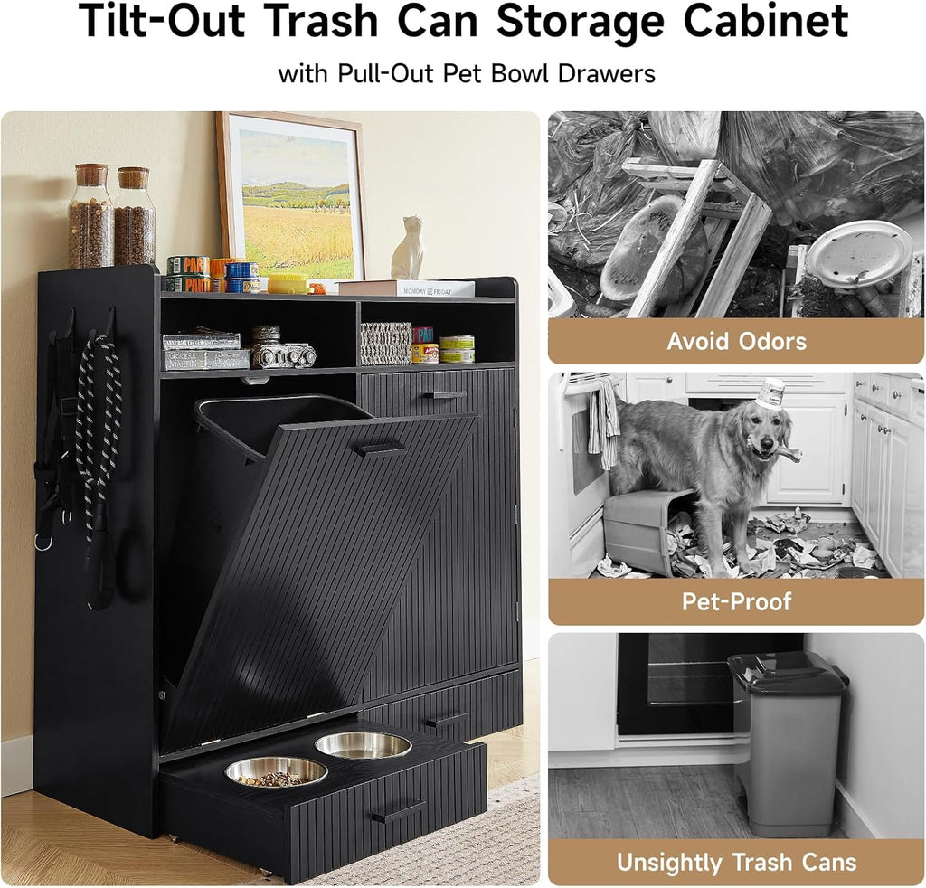 Tilt-Out Trash Can Cabinet with Storage, Dog Feeding Station, Black