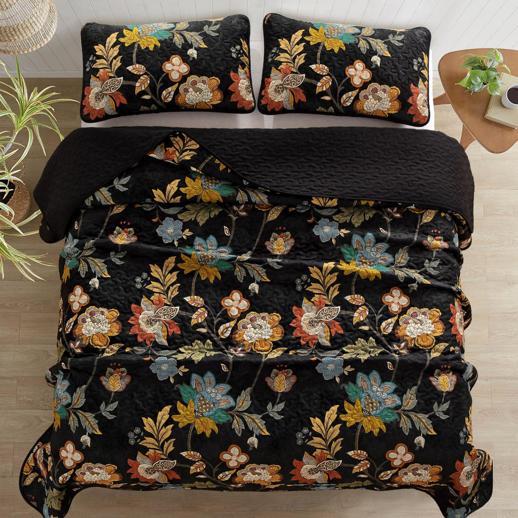Floral Quilt, Black Vintage Botanical Bedspread