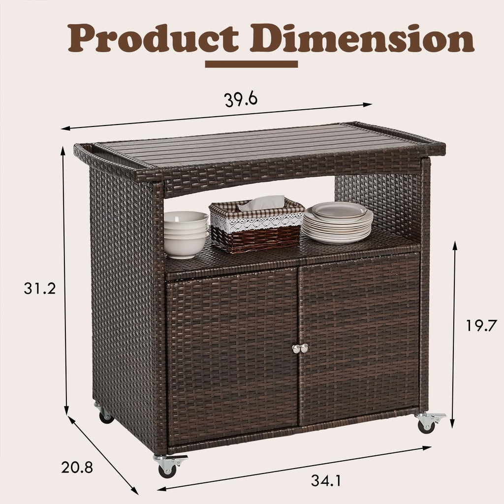 Outdoor Storage Cabinet,Outdoor Cabinet Outdoor Bar Cart with Rolling Heels Patio Bar Table with Storage Wicker
