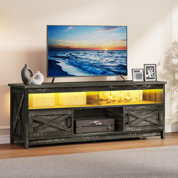 Farmhouse TV Stand with Power Outlet for 75 Inch TV, Dark Rustic Oak