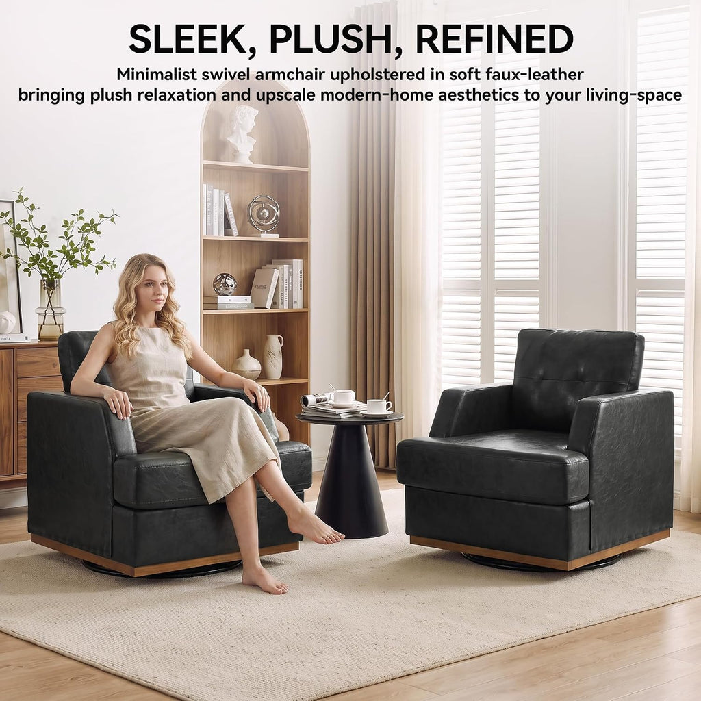 Swivel Accent Chair, 360° Rotatable Square Barrel Chair, Comfy Deep Seat Leather Upholstered Living Room Chairs