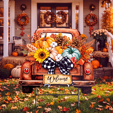 Fall Decor Outdoor Metal Pumpkin Truck Welcome Yard Sign with Bow