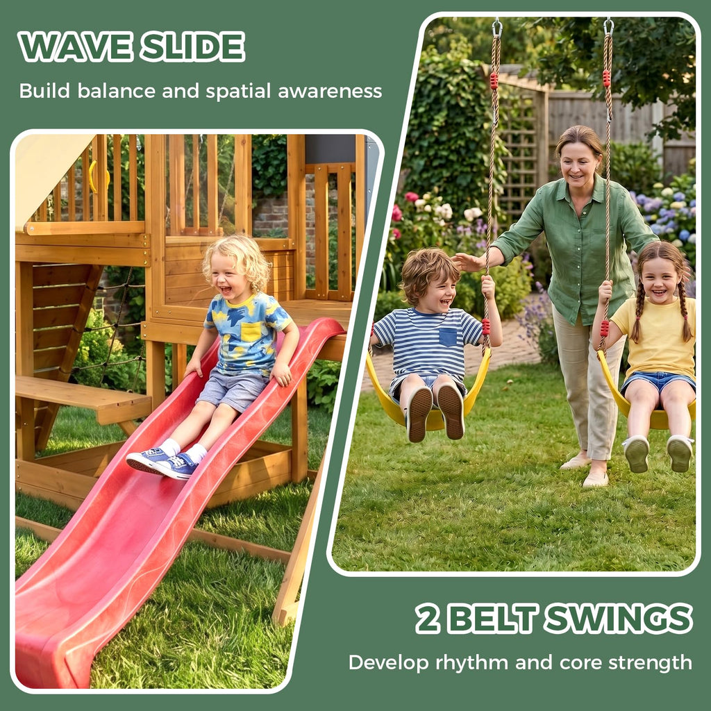 Wooden Swing Sets for Backyard, Outdoor Playset with Climbing System