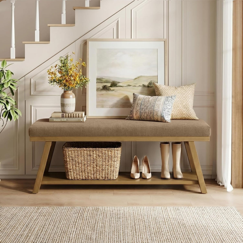 49" Entryway Bench Upholstered Storage Bench (Brown)