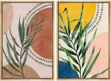 Framed Canvas Print Wall Art Set Geometric Mid-Century Circle Plants Abstract Shapes Illustrations Modern Art