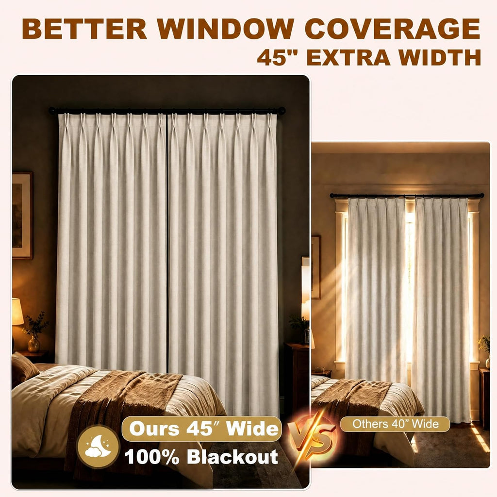 Pinch Pleated Blackout Curtains for Living Room Bedroom,100% Blackout Linen Textured Double Layer Drapes with Rings &