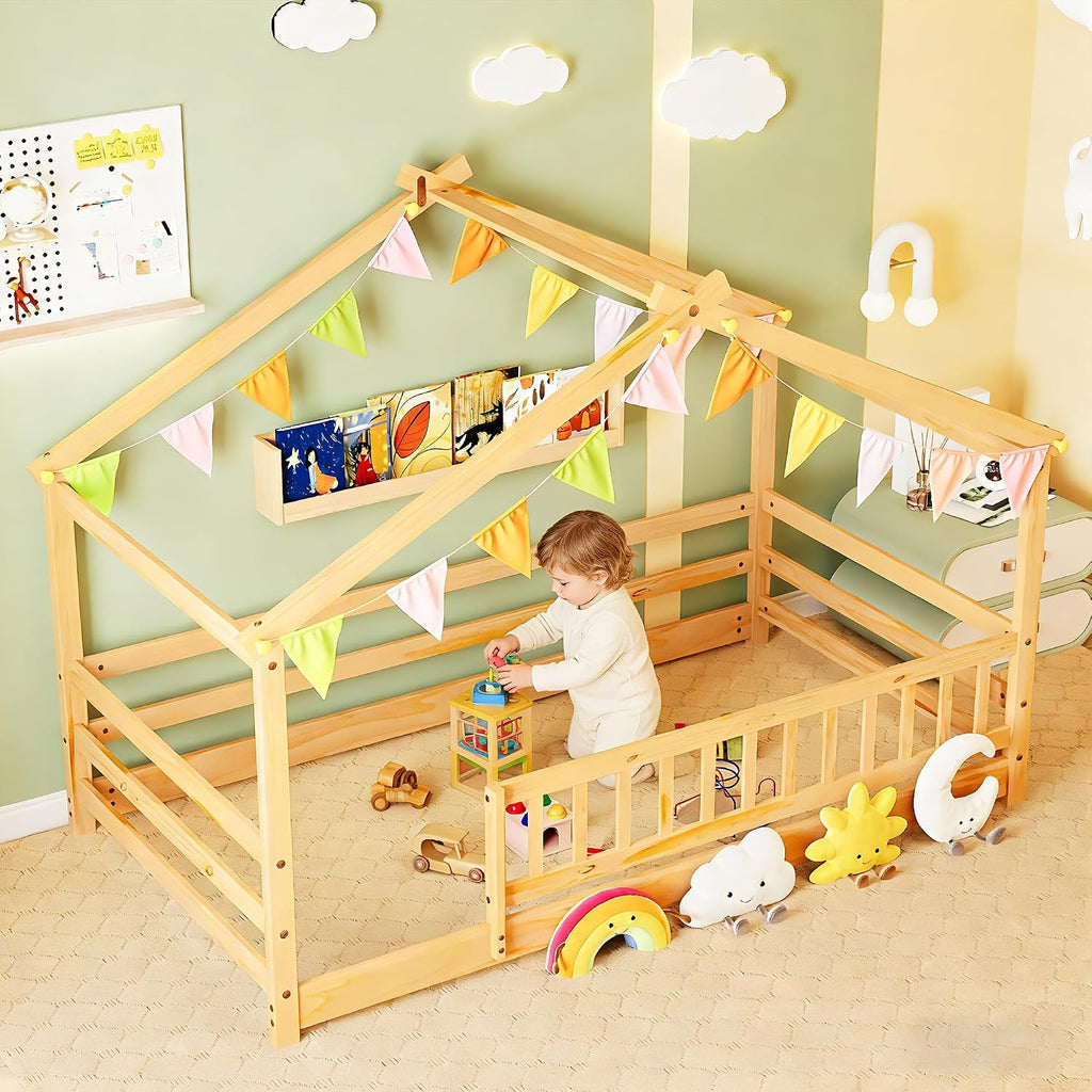 Tw Bed, Montessori Floor Bed with Fence and Roof, Solid Wood Low Bed Frame with Headboard & Footboard for Boys &