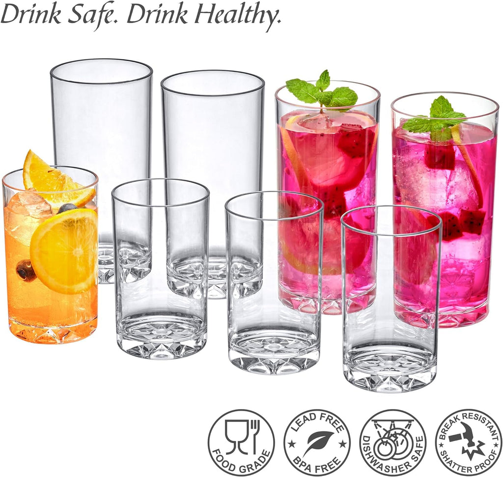 Liberty - 8-Ounce and 16-Ounce Plastic Tumblers (Set of 8), Plastic Drinking Glasses, Reusable Plastic Cups