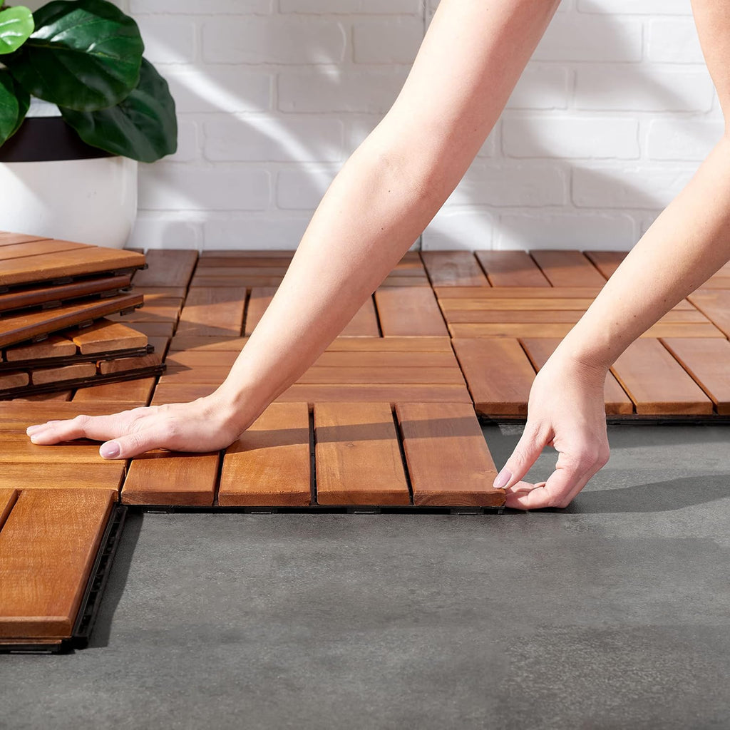 Outdoor Collection Phuket Natural Acacia Wood 4-Slat Interlocking Floor Tile Patio Deck 12 x 12-inch (Set of 10)