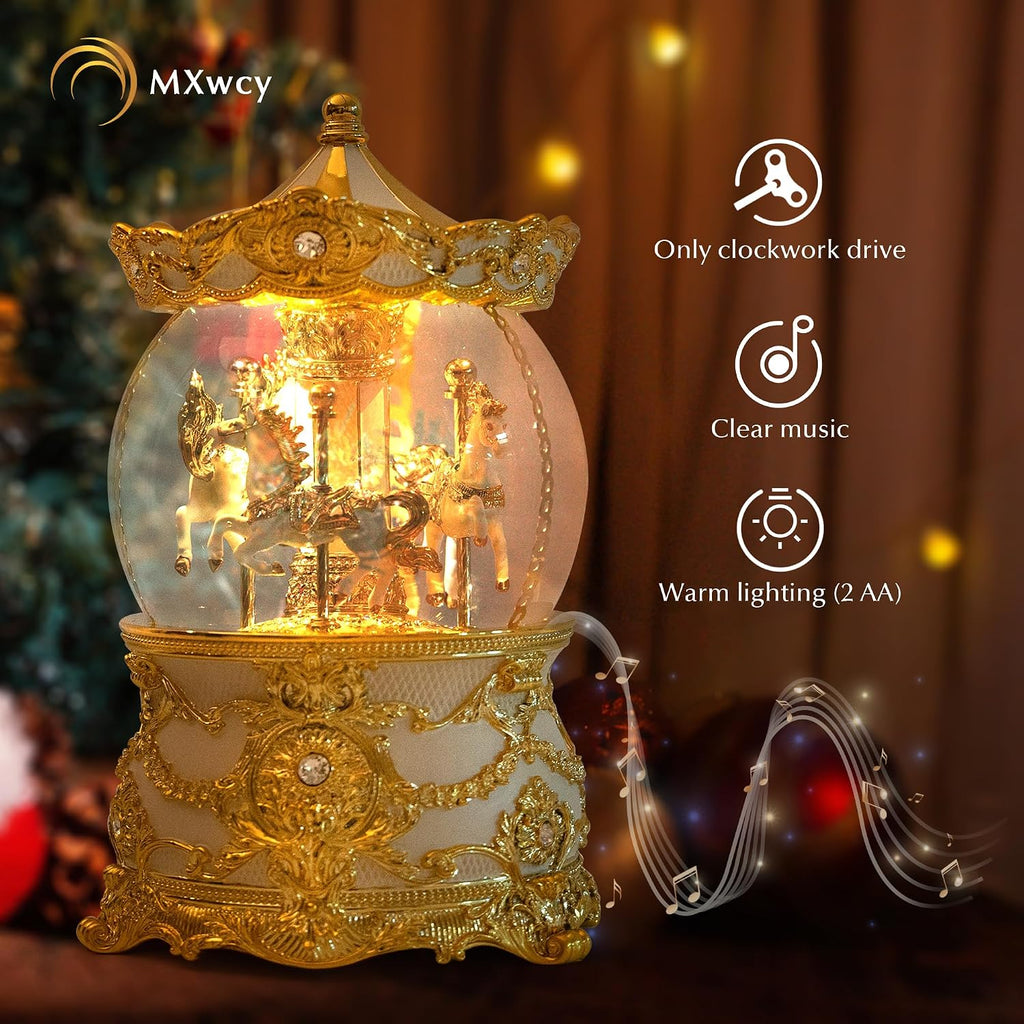 Carousel Music Box Gold & Ivory Christmas Snow Globes, 8.3" Rotate Carousel Snow Globe for Kids & Adults, Classic