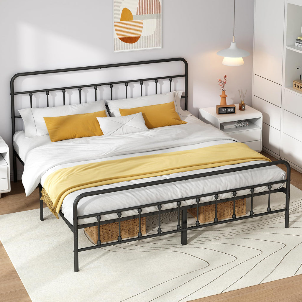 Metal Bed Frame with Victorian Headboard & Footboard, Black