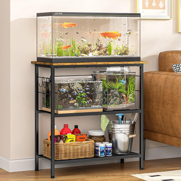 20 Gallon Fish Tank Stand, 3 Tier Aquarium Stand with Movable Hooks, 28.5" L* 15.74" W Tabletop, Heavy Duty Terrarium