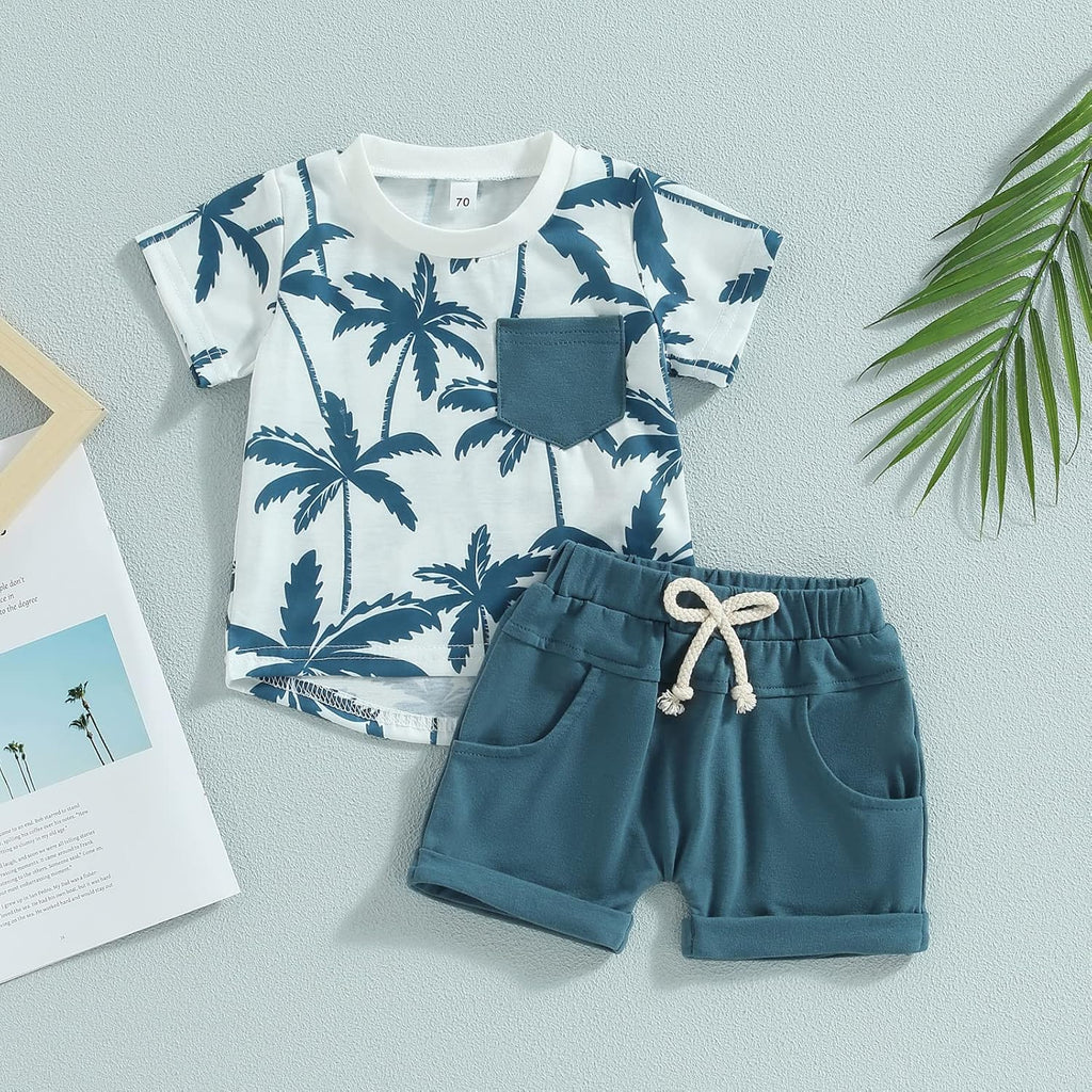 Toddler Baby Boy Clothes Beach Short Sleeve Palm Print Hawaiian T-Shirt and Drawstring Shorts Set Summer Outfit