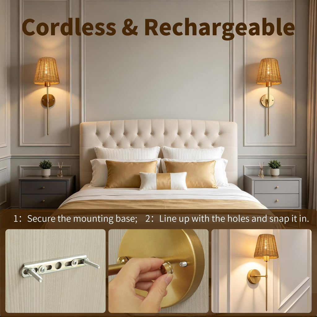 Battery Operated Wall Sconces Set of 2 with Rattan Shade, Rechargeable Wireless Wall Light with RGB Dimmable Magnetic