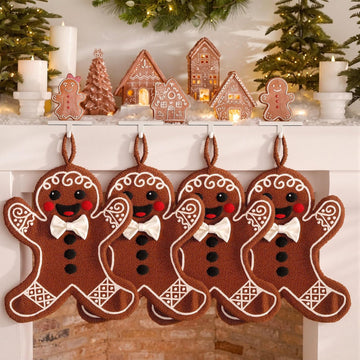 4Pcs 18'' Gingerbread Christmas Stocking Teddy Fleece Xmas Stocking