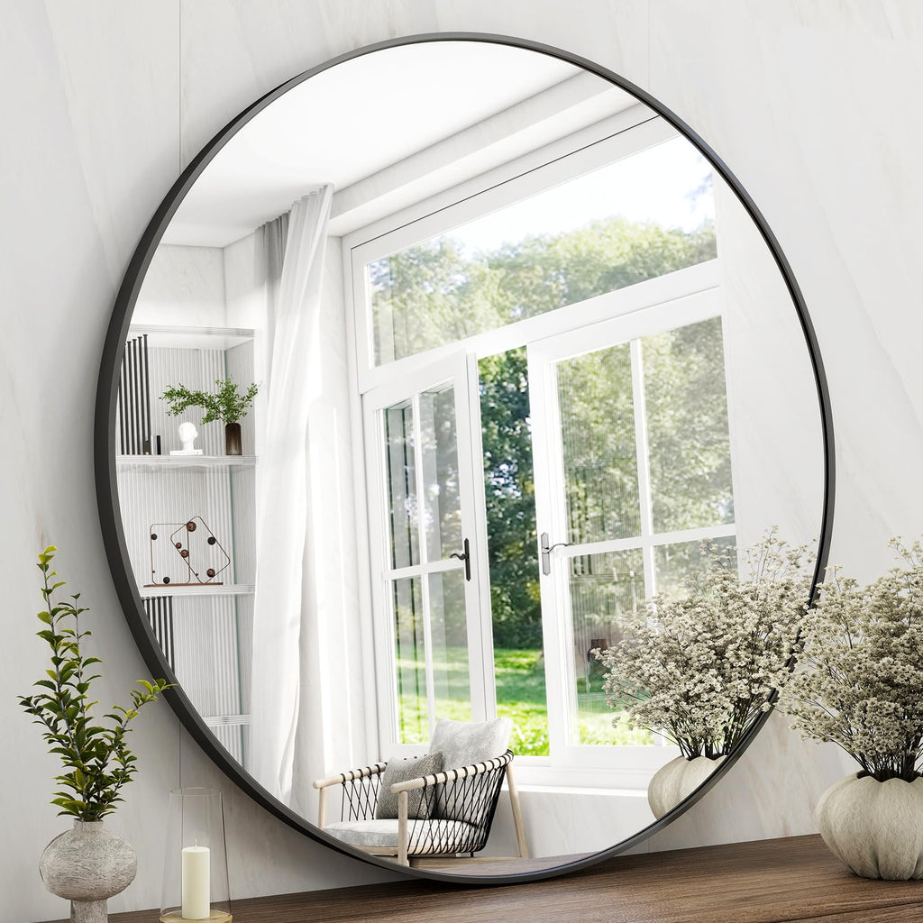 36 Inch Round Bathroom Mirror - Black Wall Mounted Circle Mirror with Metal Frame, Modern Round Hanging Mirror