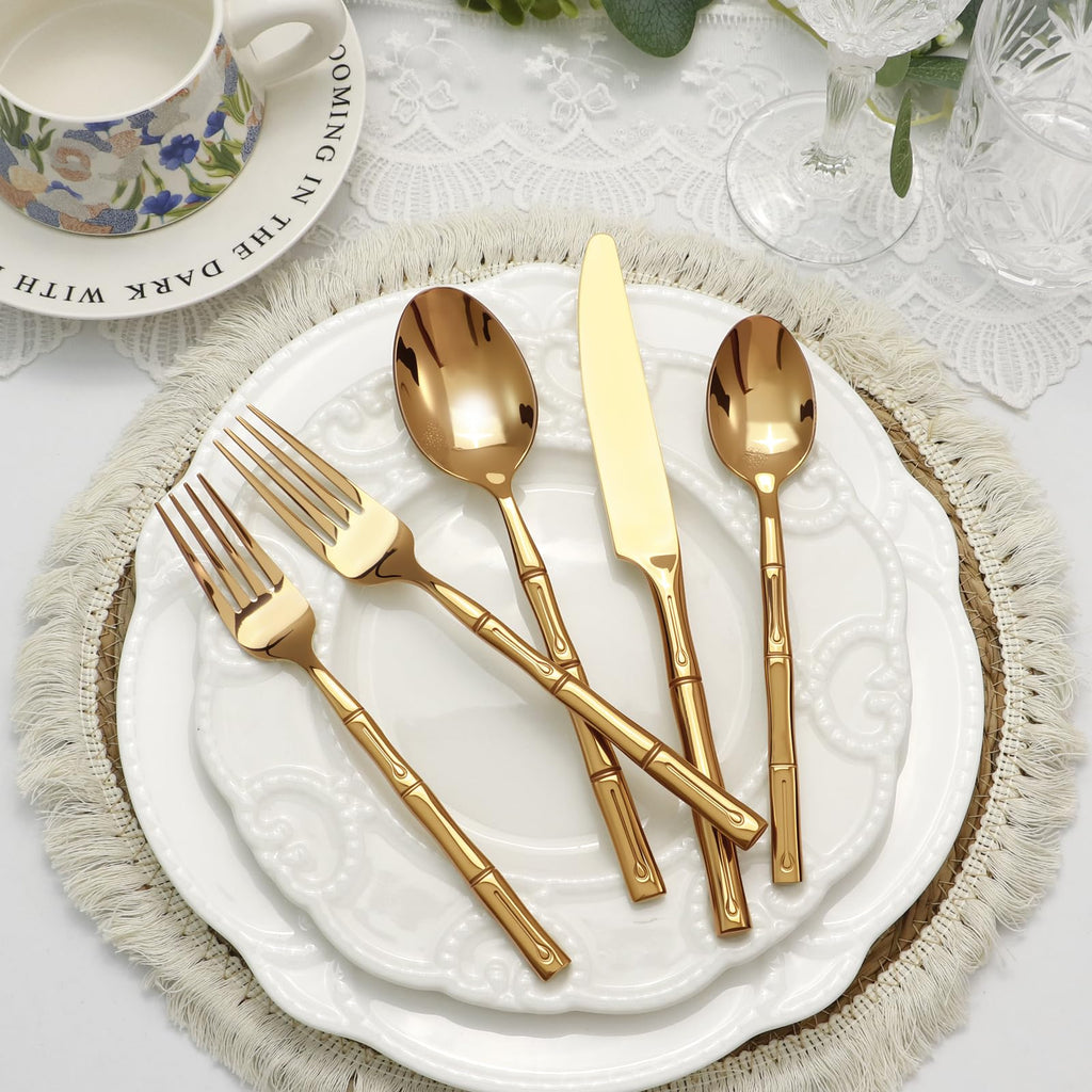 Gold Silverware Set Bamboo Pattern Handle 60-Piece Service for 12